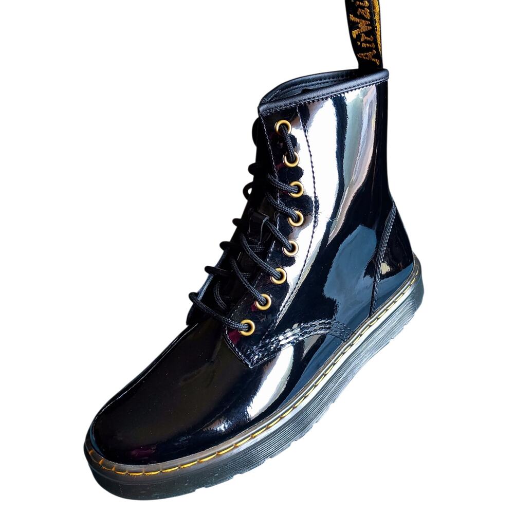 NWOB Dr. Martens Zavala Black Patent Leather Lace Up Combat Boots Sz 8 Men 9 Wmn